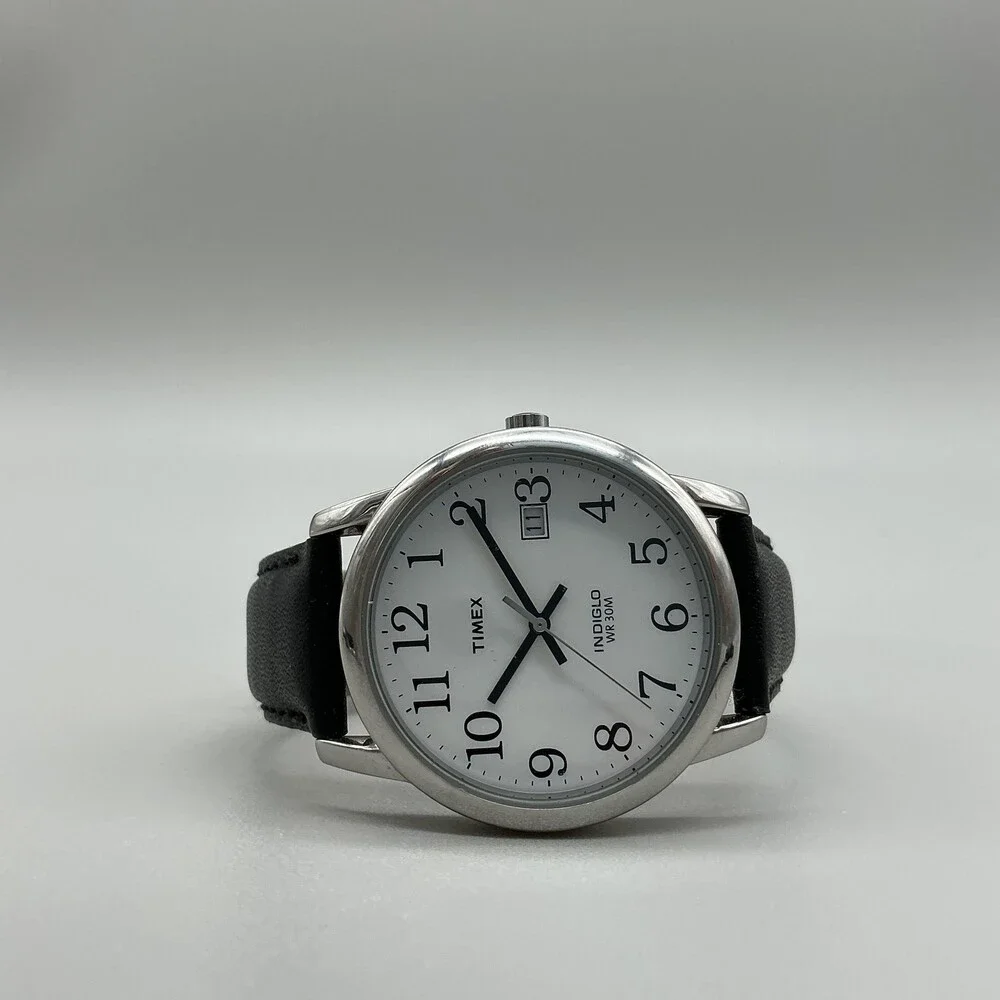 Timex Indiglo Mens Watch 35mm White Dial Black Leather Date New Battery